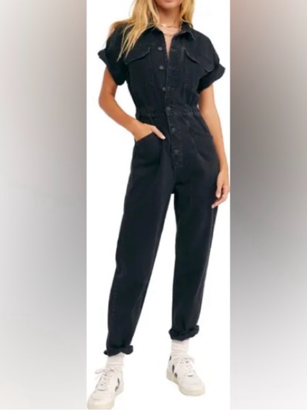 Free People/We the Free Faded Black Denim Jumpsuit, Size Medium